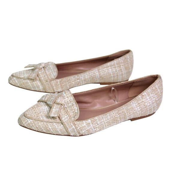 ANN TAYLOR BOW CREAM BEIGE TWEED TEXTILE POINTED TOE FLAT BALLET SHOES Sz 7.5 - Picture 3 of 10